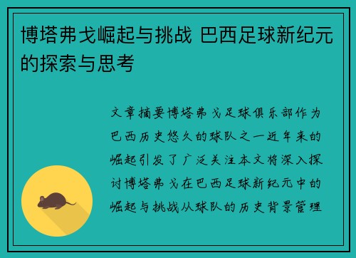 博塔弗戈崛起与挑战 巴西足球新纪元的探索与思考