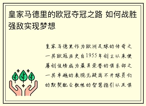 皇家马德里的欧冠夺冠之路 如何战胜强敌实现梦想